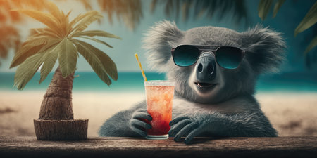 koala is on summer vacation at seaside resort and relaxing on summer beachの素材