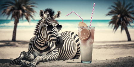 zebra is on summer vacation at seaside resort and relaxing on summer beachの素材