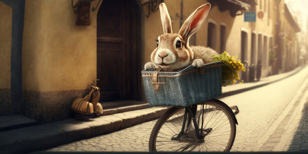 rabbit have fun bicycle ride on sunshine day in summer on town streetの素材