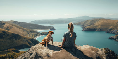 Young beautiful woman enjoy view with her dog during hiking trip in the mountain. distinct generative AI image.の素材