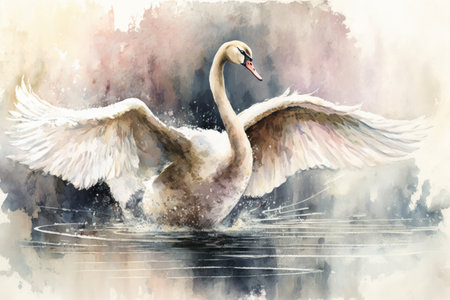 Swan watercolor hand drawn style. distinct generative AI image.の素材