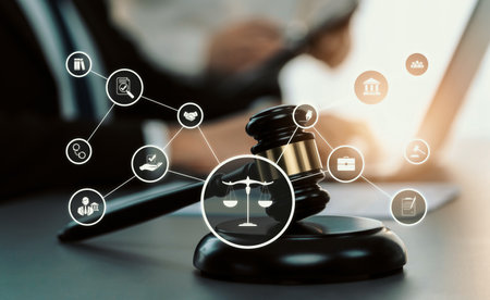 Smart law, legal advice icons and lawyer working tools in the lawyers office showing concept of digital law and online technology of astute law and regulations .の写真素材
