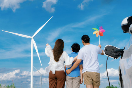 Progressive happy family enjoying their time at wind farm for green energy production concept. Wind turbine generators provide clean renewable energy for eco-friendly purposes.の写真素材