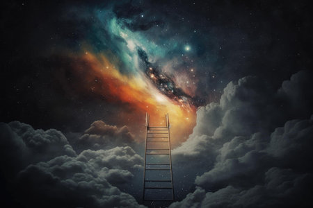 Magical stair up to night sky full of stars. superlative generative AI image.の素材