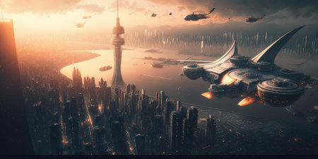 Science fiction fantasy world cityscape skyline with futuristic building architecture. superlative generative AI image.の素材