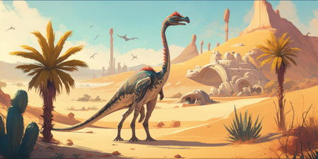 Prehistoric creature or dinosaur in the wild nature. Realistic style drawing. superlative generative AI image.の素材