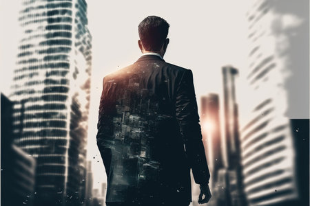 Ambitious businessman in black suit-clad profile with background residential city highrise buildings in double exposure, Successful businesspeople with strategic plans. Superb Generative AI.の素材