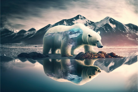 image shown by polar bear suffer due to melting ice caused by the impact of climate change on double exposure of global warming turning arctic hotter in background. Superb Generative AI.の素材