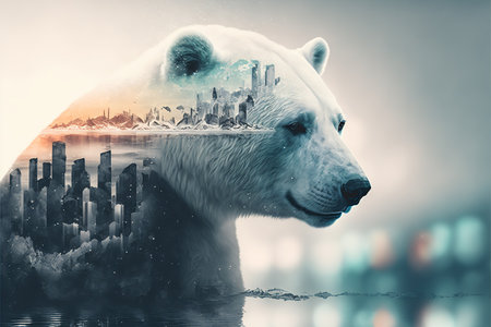 image shown by polar bear suffer due to melting ice caused by the impact of climate change on double exposure of global warming turning arctic hotter in background. Superb Generative AI.の素材