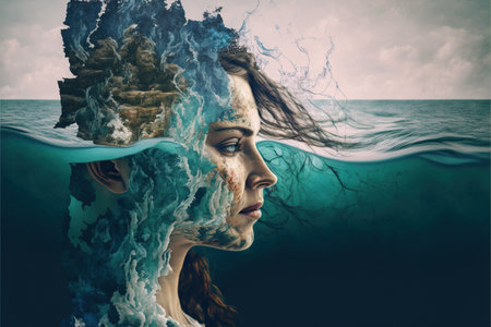 Double exposure woman portrait with natural freshness of seascape and ocean background for sense of peaceful tranquility concept. Meditative and mental ability abstract art. Superb Generative AIの素材