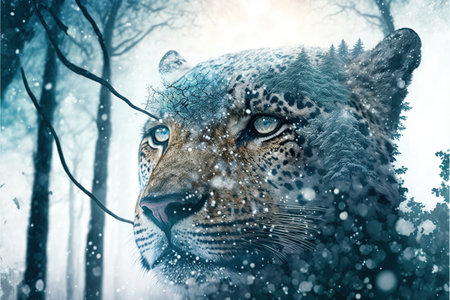 White leopard face in snow winter forest, predator in the wilderness. Creative artwork of wildlife animal. Superb Generative AI.の素材