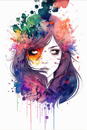 Watercolor painting anime style girl portrait with vibrant colorful hair color with flower design hairstyle on isolated background. Superb Generative AIの素材