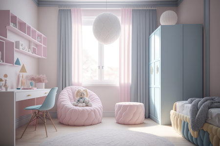 interior of playroom for children at home painted in pastel colors. distinct generative AI image.の素材