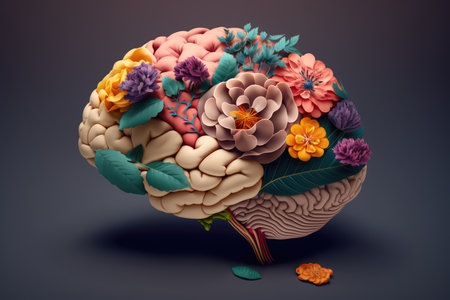 Human brain made with flowers in concept of mental health and self caring. distinct generative AI image.の素材