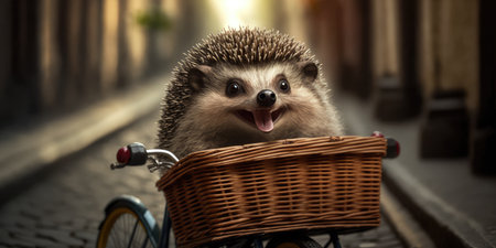 hedgehog have fun bicycle ride on sunshine day in summer on town streetの素材