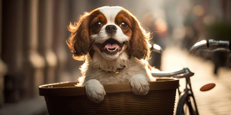 Cavalier King Charles Spaniel dog have fun bicycle ride on sunshine day morning in summer on town streetの素材