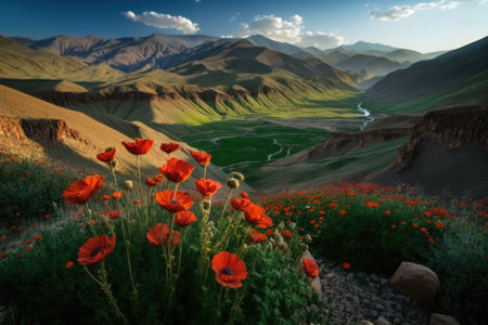 Flowers in valley surrounded by steep mountain ranges in spring and summer. distinct generative AI image.の素材