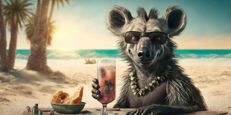 hyena is on summer vacation at seaside resort and relaxing on summer beachの素材