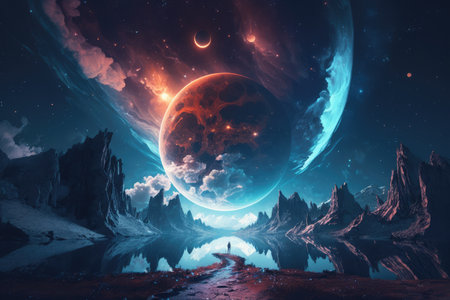 Beautiful celestial sky in dreamy fantasy with bright star in the sky over nature landscape. distinct generative AI image.の素材