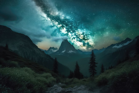 Beautiful celestial sky in dreamy fantasy with bright star in the sky over nature landscapeの素材