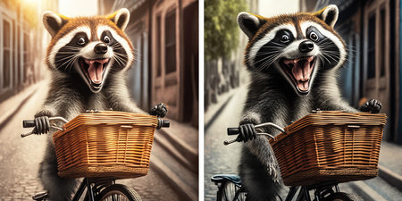 raccoon have fun bicycle ride on sunshine day in summer on town streetの素材