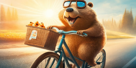 beaver have fun bicycle ride on sunshine day in summer on town streetの素材