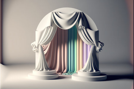 Beautiful object modern abstract stage background with colorful pastel color curtain in minimal design. Realistic mock up for product promotion. Superb Generative AIの素材