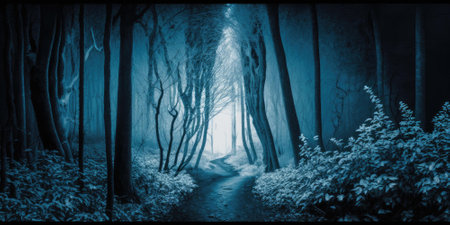 Blue monochrome color haunted path in dark forest. superlative generative AI image.の素材