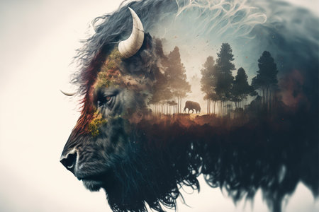 American male bison grazing on grassland with double exposure background of natural scenery in yellowstone. Large mammal body with fur and horn. Superb Generative AI.の素材