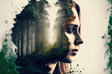 Double exposure image of woman portrait with natural freshness of forest background for sense of peaceful tranquility concept. Meditative and mental ability abstract art. Superb Generative AIの素材