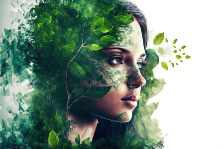 Beautiful woman portrait with blossom greenery foliage leaf hairstyle on isolated background double exposure. Girl face cover with blossom springtime leaves. Superb Generative AI.の素材
