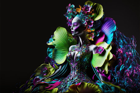 Haute couture or high fashion design in vivid colorful makeup on woman model on isolated background. Contemporary abstract art design of beautiful dress in flower style. Superb Generative AI.の素材