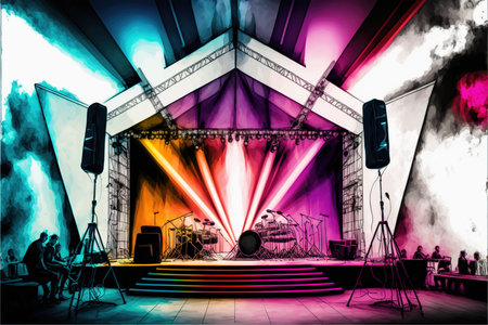 Vibrant energy of musical performance on stage captured in a contemporary digital abstract artwork design, vivid rainbow-colored stage, musical band and instrument with audiences. Superb Generative AIの素材