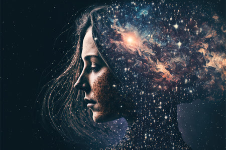 Double exposure image of woman portrait with starry night and nebula background for state of mind and psychological concept. Meditative and mental ability abstract art. Superb Generative AIの素材
