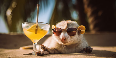 weasel is on summer vacation at seaside resort and relaxing on summer beachの素材