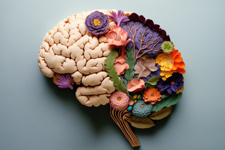 Human brain made with flowers in concept of mental health and self caring. distinct generative AI image.の素材