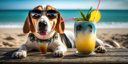 Beagle dog is on summer vacation at seaside resort and relaxing rest on summer beach of Hawaiiの素材