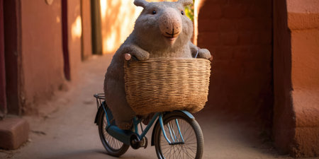 wombat have fun bicycle ride on sunshine day in summer on town streetの素材