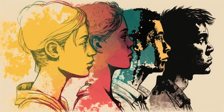 Face portrait of diverse people together looking straight. Multiracial concept. distinct generative AI image.の素材