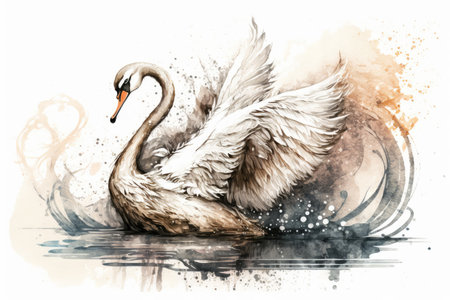 Swan watercolor hand drawn style. distinct generative AI image.の素材
