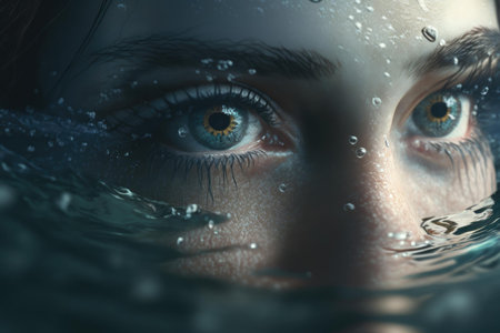 Close up woman eyes at the water surface. superlative generative AI image.の素材