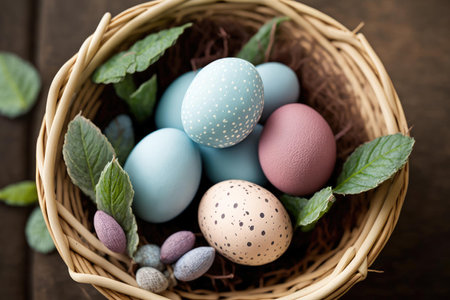 Easter eggs in basket. Colorful Easter festival celebration. superlative generative AI image.の素材