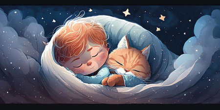 A cute and adorable kitten is sleeping under night sky between stars pillow. Generative AI AIG16.の素材