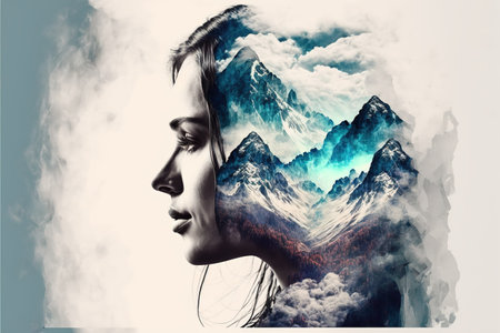 Double exposure woman portrait with cloudscape and mountain range background for sense of peaceful tranquility concept. Meditative natural freshness and mental abstract art. Superb Generative AIの素材