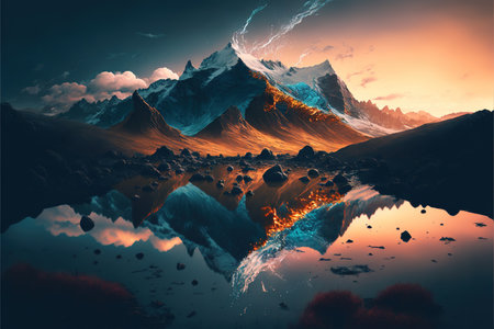 Digital artwork of beautiful and surreal mountain range landscape with fantasy atmospheric scenery with sunset design. Superb Generative AIの素材