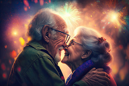 hugging happiness senior couple while fireworks coloring the sky. Glorious Generative AI.の素材
