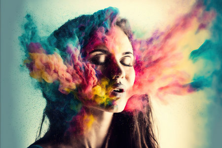 Woman with powerful vivid powder explosion on her head as symbol for inner stress and negative though for intense emotion mental health in modern abstract art design. Superb Generative AI.の素材