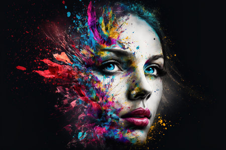 Contemporary modern abstract art woman with powerful vivid color explosion on her head as symbol for inner stress and negative though for intense emotion mental health. Superb Generative AI.の素材