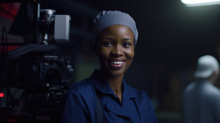 A smiling African female electronic factory worker standing in factory. Generative AI AIG19.の素材