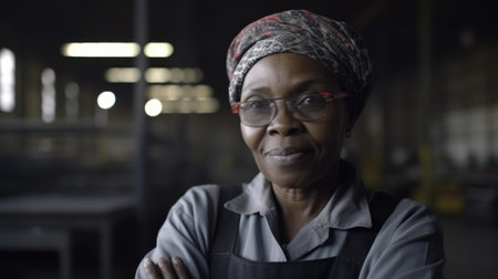 A smiling senior African female factory worker standing in metal sheet factory. Generative AI AIG19.の素材